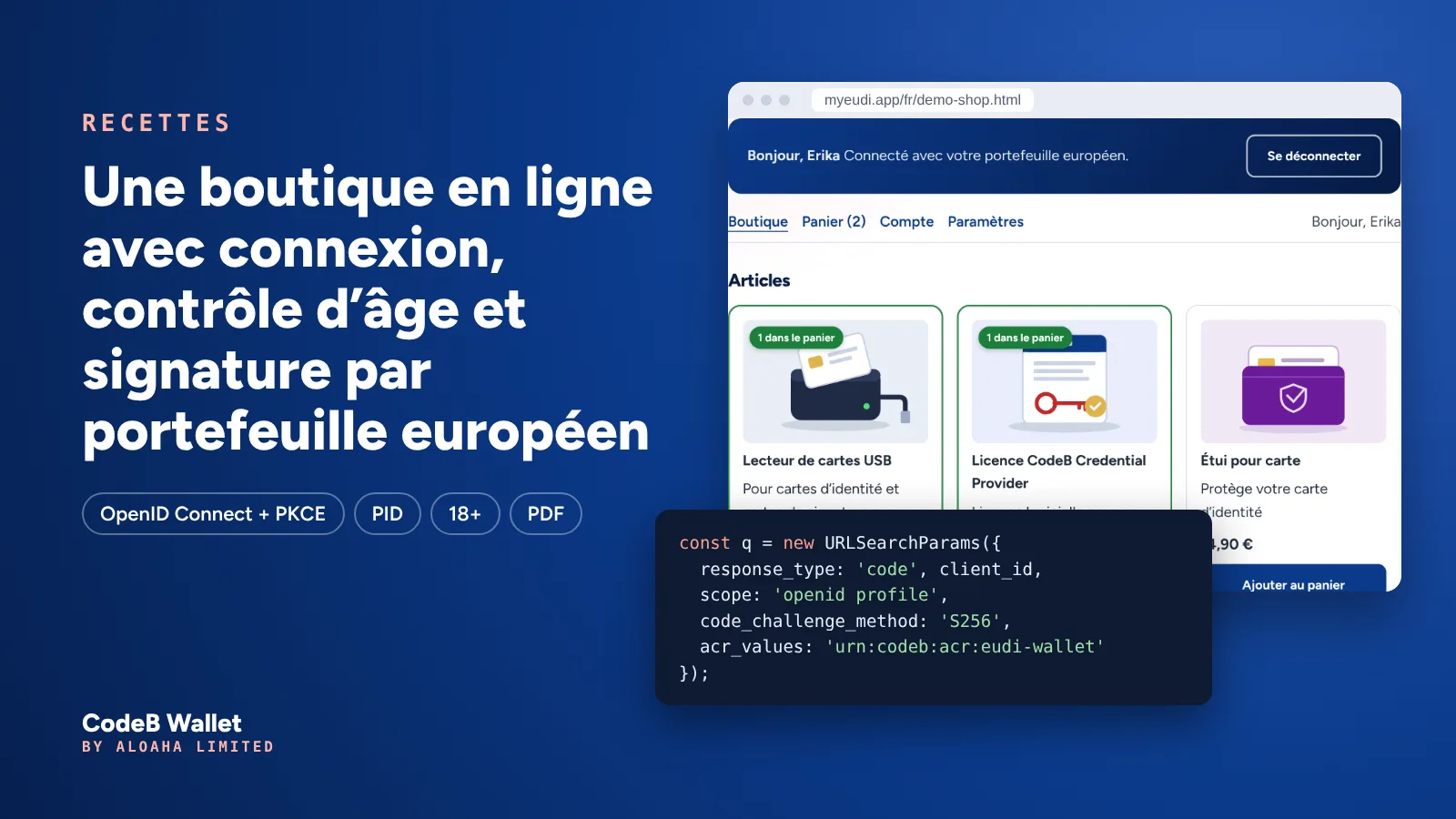 La boutique de démo CodeB : produits maltais, connexion avec le portefeuille européen