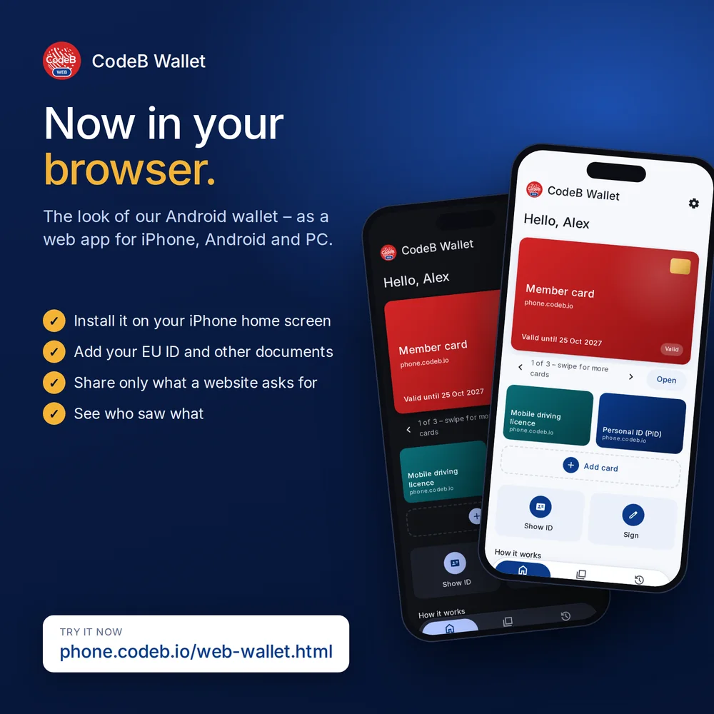 CodeB web wallet on two phones, light and dark