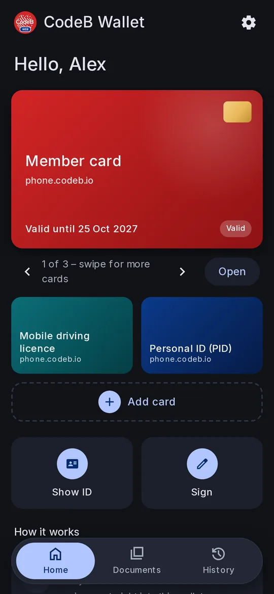 Home screen of the CodeB web wallet (dark), demo data