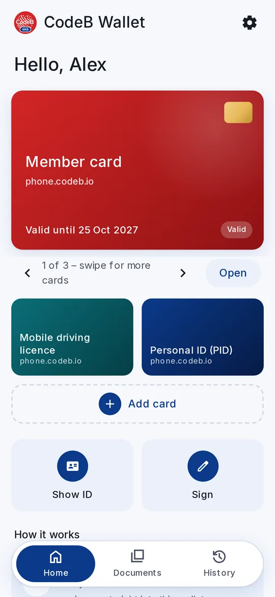 Home screen of the CodeB web wallet (light), demo data
