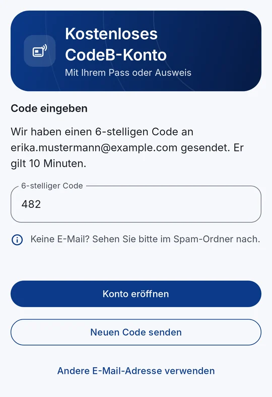 Code aus der E-Mail eingeben