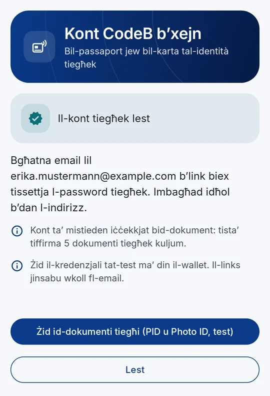 Il-kont lest – żid il-PID tat-test u l-Photo ID