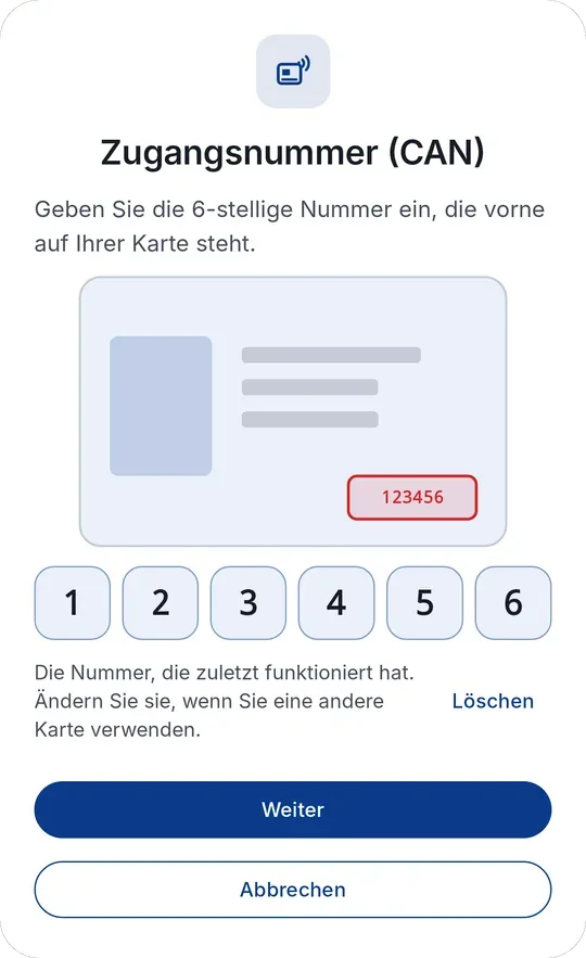 CodeB Wallet: Dialog Zugangsnummer (CAN)