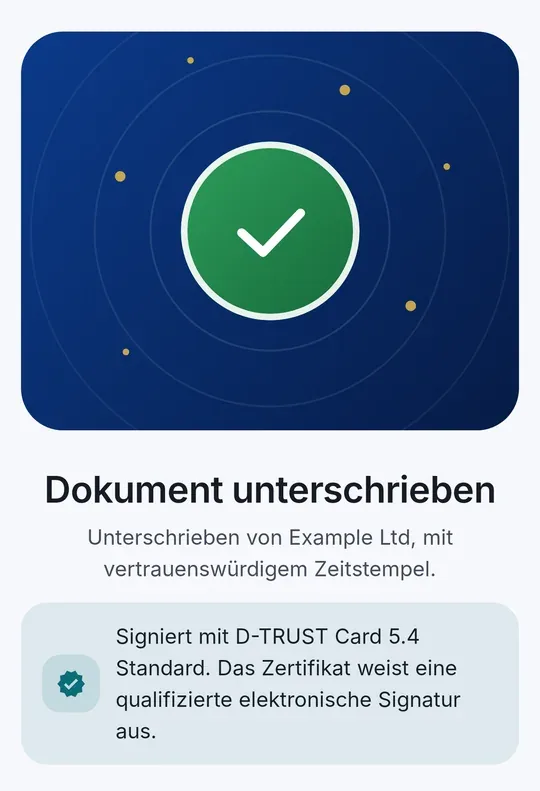 CodeB Wallet: „Dokument unterschrieben – Signiert mit D-TRUST Card 5.4 Standard. Das Zertifikat weist eine qualifizierte elektronische Signatur aus.“