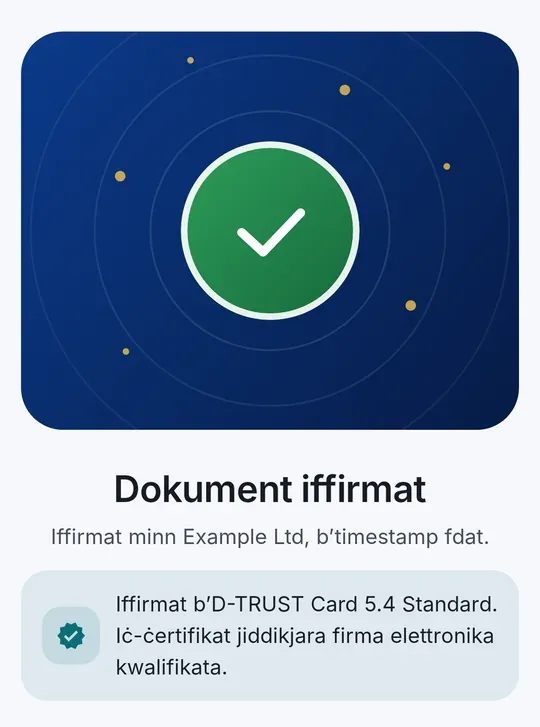 CodeB Wallet: “Dokument iffirmat – Iffirmat bid-D-TRUST Card 5.4 Standard. Iċ-ċertifikat jiddikjara firma elettronika kwalifikata.”