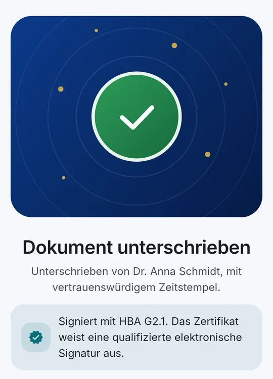 CodeB Wallet: „Dokument unterschrieben – Signiert mit HBA G2.1. Das Zertifikat weist eine qualifizierte elektronische Signatur aus.“
