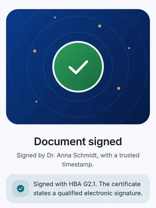 CodeB Wallet: “Document signed – Signed with HBA G2.1. The certificate states a qualified electronic signature.”