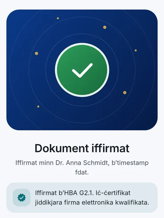 CodeB Wallet: “Dokument iffirmat – Iffirmat bl-HBA G2.1. Iċ-ċertifikat jiddikjara firma elettronika kwalifikata.”