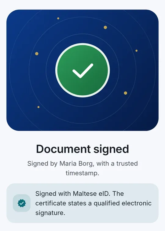 CodeB Wallet : « Document signé – Signé avec l’eID maltaise. Le certificat mentionne une signature électronique qualifiée. »