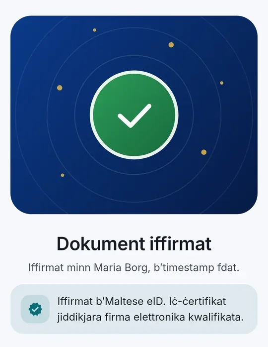 CodeB Wallet: “Dokument iffirmat – Iffirmat bl-eID Maltija. Iċ-ċertifikat jiddikjara firma elettronika kwalifikata.”