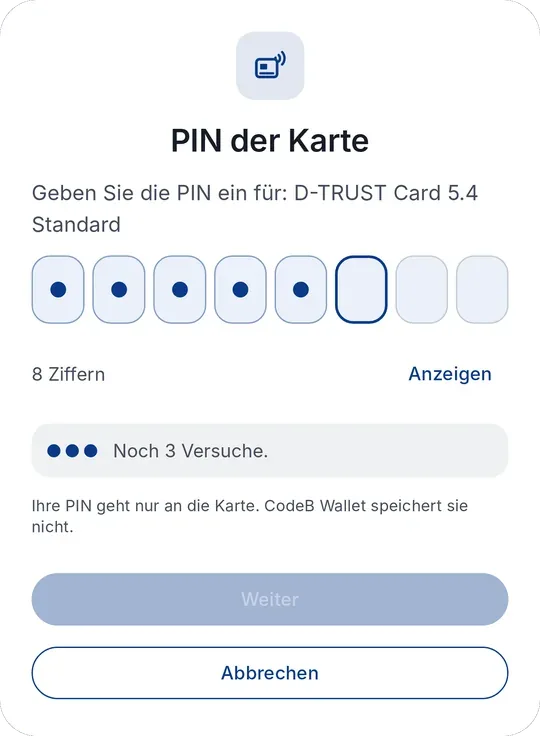 CodeB Wallet: PIN-Eingabe für die D-TRUST Card 5.4
