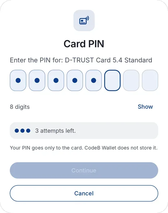 CodeB Wallet : saisie du code PIN pour la D-TRUST Card 5.4