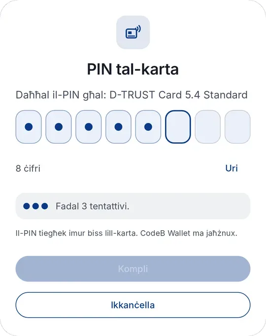 CodeB Wallet: daħħal il-PIN għad-D-TRUST Card 5.4