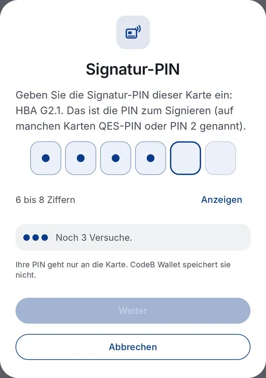 CodeB Wallet: „Signatur-PIN“ für den HBA G2.1