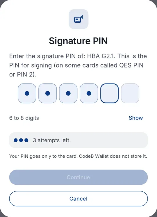 CodeB Wallet: “Signature PIN” for the HBA G2.1