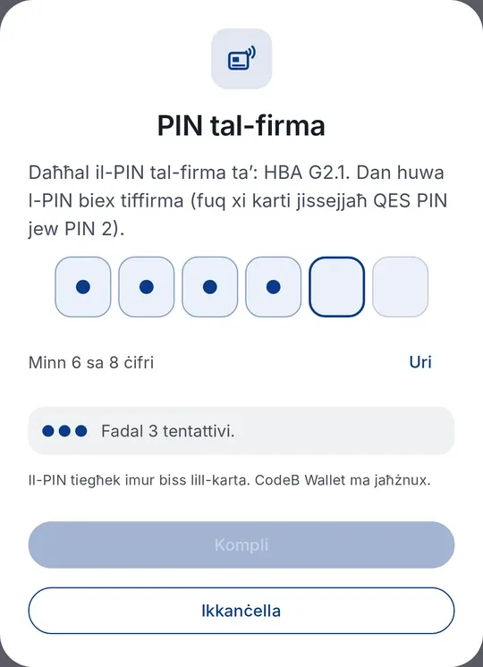 CodeB Wallet: “PIN tal-firma” għall-HBA G2.1