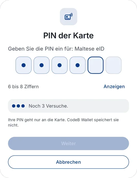 CodeB Wallet: PIN-Eingabe für die maltesische eID