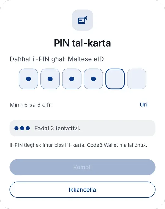 CodeB Wallet: daħħal il-PIN għall-eID Maltija