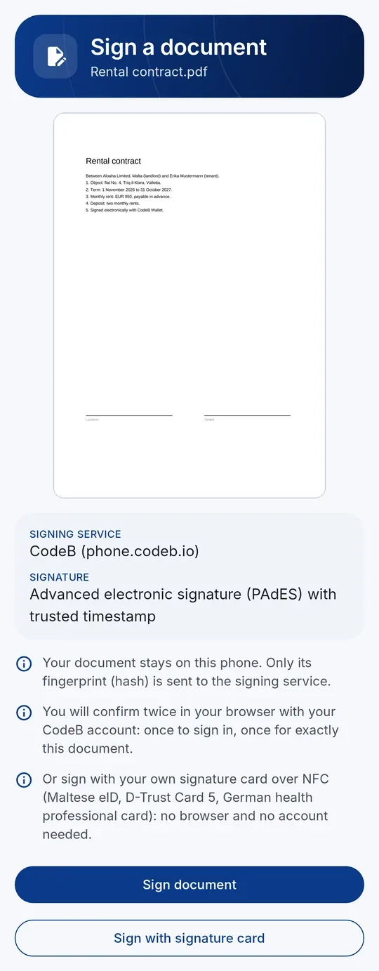 Review screen: preview of the PDF, signing service and signature type, with the buttons “Sign document” and “Sign with signature card”