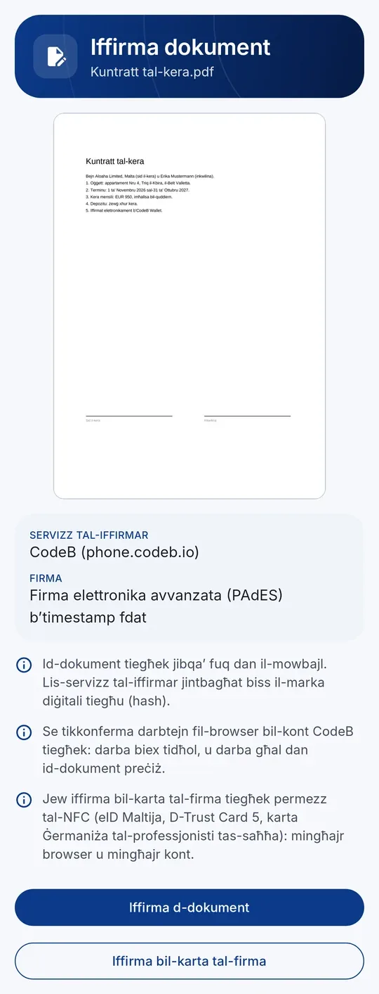 Skrin tar-reviżjoni: preview tal-PDF, is-servizz tal-firma u t-tip ta’ firma, bil-buttuni “Iffirma d-dokument” u “Iffirma bil-karta tal-firma”