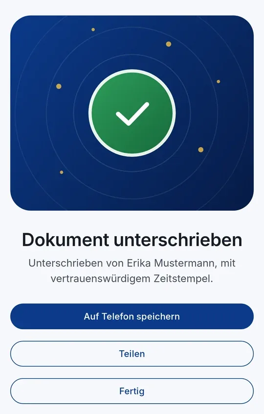 CodeB Wallet: „Dokument unterschrieben – Unterschrieben von Erika Mustermann, mit vertrauenswürdigem Zeitstempel.“