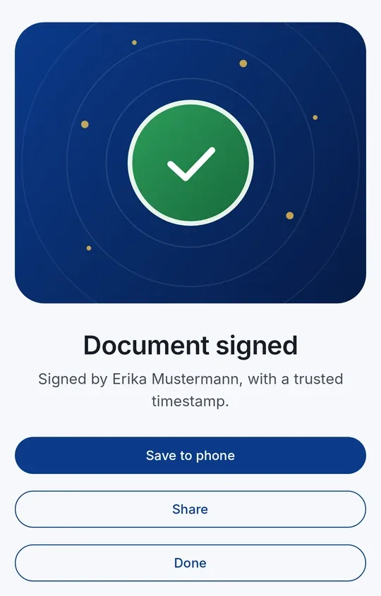 CodeB Wallet: “Document signed – Signed by Erika Mustermann, with a trusted timestamp.”