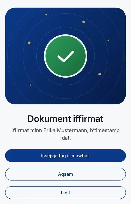 CodeB Wallet: “Dokument iffirmat – Iffirmat minn Erika Mustermann, b’timestamp fdat.”