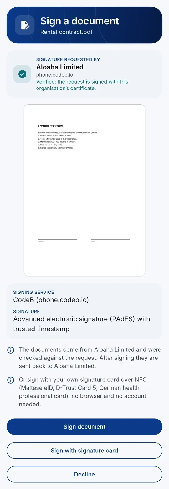 Signing request in CodeB Wallet: who asks (verified), the document, and the buttons “Sign document”, “Sign with signature card” and “Decline”