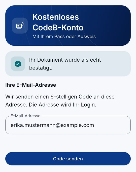 E-Mail-Adresse eingeben und Code senden