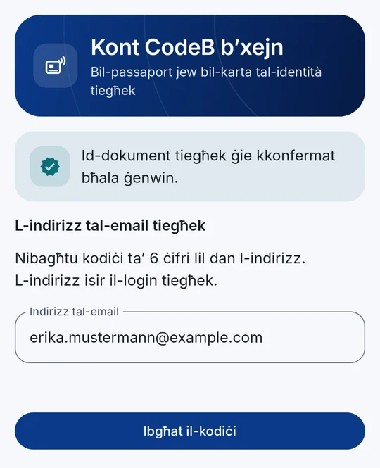 Daħħal l-email u ibgħat il-kodiċi