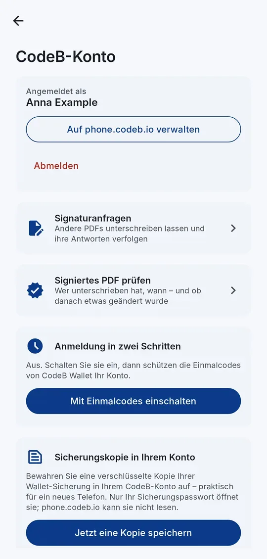 Der Bildschirm CodeB-Konto: angemeldet, mit Signaturanfragen, Signaturprüfung, Anmeldung in zwei Schritten, Sicherungskopie und Mitgliedskarte