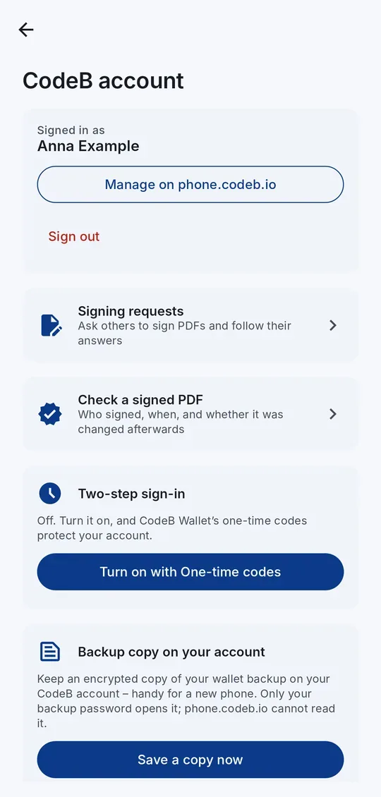 The CodeB account screen: signed in, with signing requests, signature check, two-step sign-in, backup copy and membership card