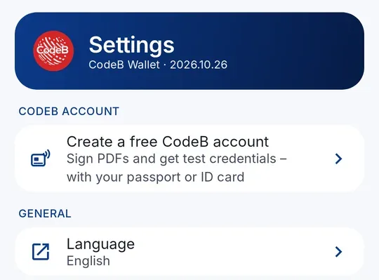Settings – section “CodeB account” with “Create a free CodeB account”
