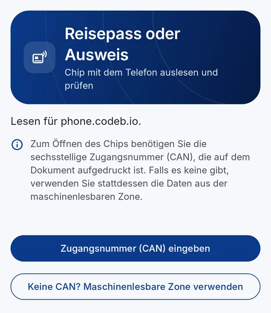 Auswahl: Zugangsnummer (CAN) oder maschinenlesbare Zone