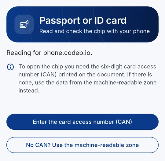 Choose: card access number (CAN) or machine-readable zone