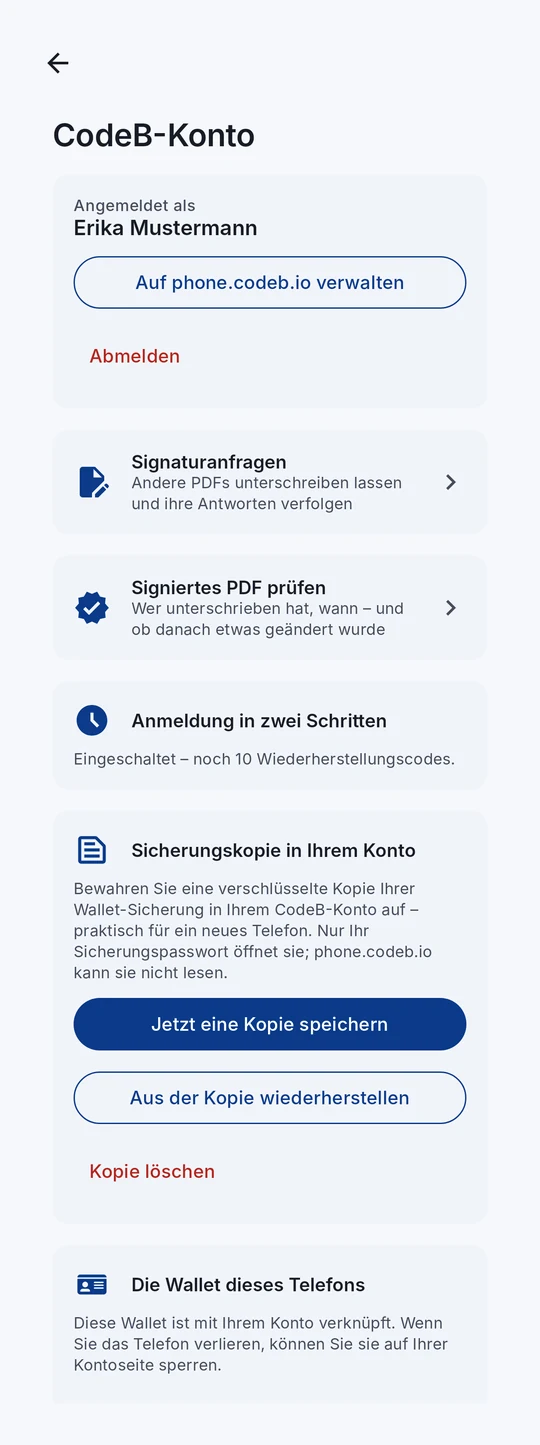 Der Kontobildschirm mit „Die Wallet dieses Telefons“: mit Ihrem Konto verknüpft, und Diese Wallet sperren