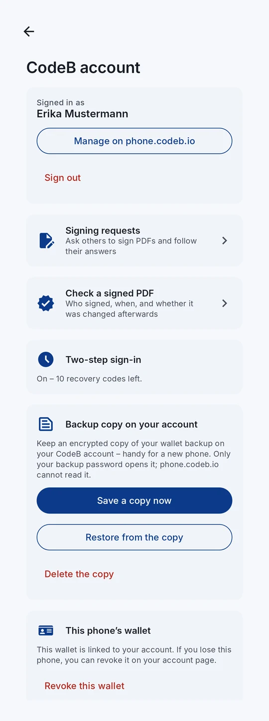 The account screen with “This phone’s wallet”: linked to your account, and Revoke this wallet