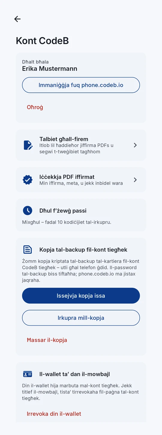 L-iskrin tal-kont b’“Il-wallet ta’ dan il-mowbajl”: marbuta mal-kont tiegħek, u Irrevoka din il-wallet