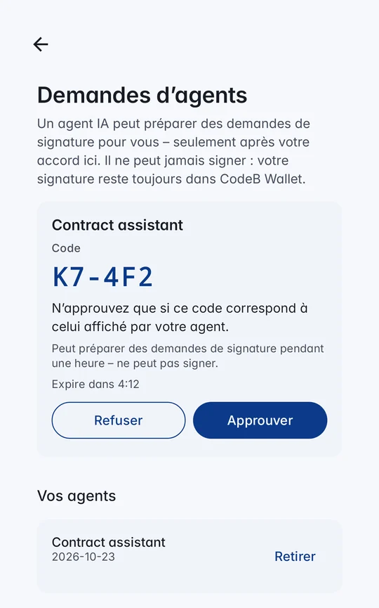 Demandes d’agents dans CodeB Wallet : le nom de l’agent, le code K7-4F2 en grand, Refuser et Approuver, et la liste de vos agents