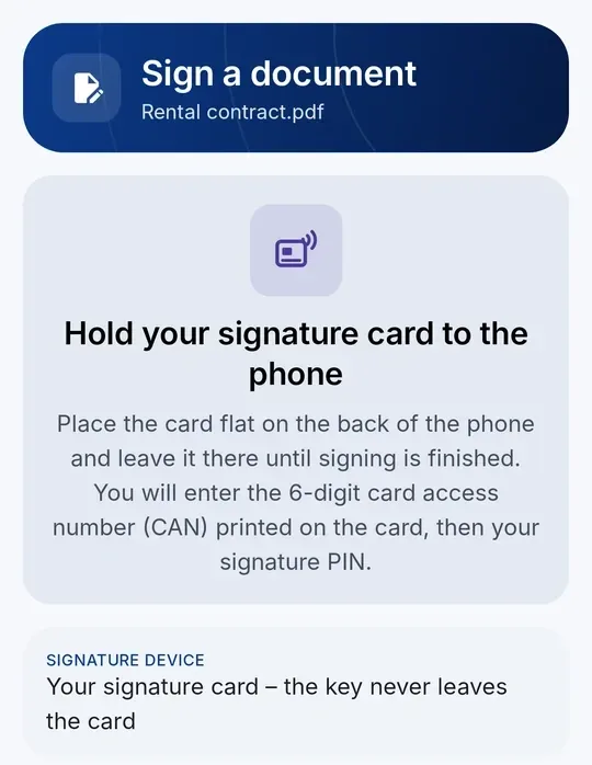 “Hold your signature card to the phone” – after entering the card access number (CAN); then your signature PIN, the key never leaves the card