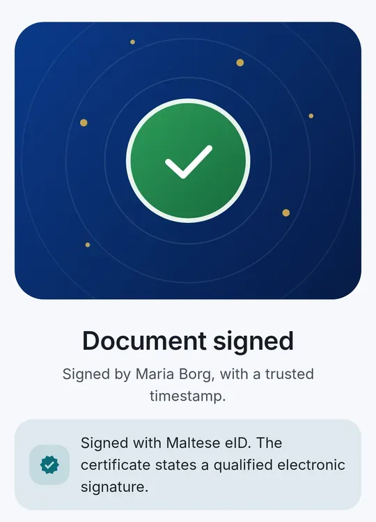 “Document signed – Signed with Maltese eID. The certificate states a qualified electronic signature.”