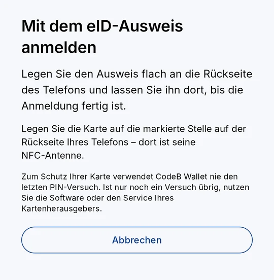 Den eID-Ausweis flach an die Rückseite des Telefons halten