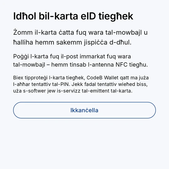 Żomm il-karta eID ċatta fuq wara tal-mowbajl
