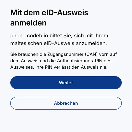 „Mit dem eID-Ausweis anmelden“: phone.codeb.io bittet um die Anmeldung – was Sie brauchen, Weiter