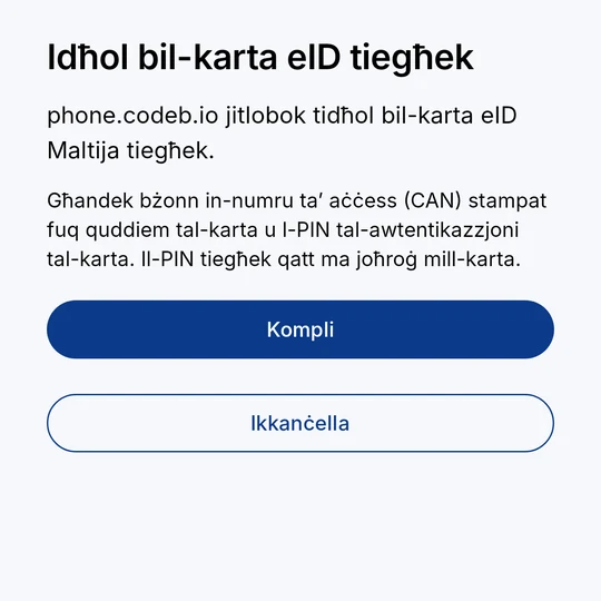 “Idħol bil-karta eID tiegħek”: phone.codeb.io jitolbok tidħol – x’għandek bżonn, Kompli