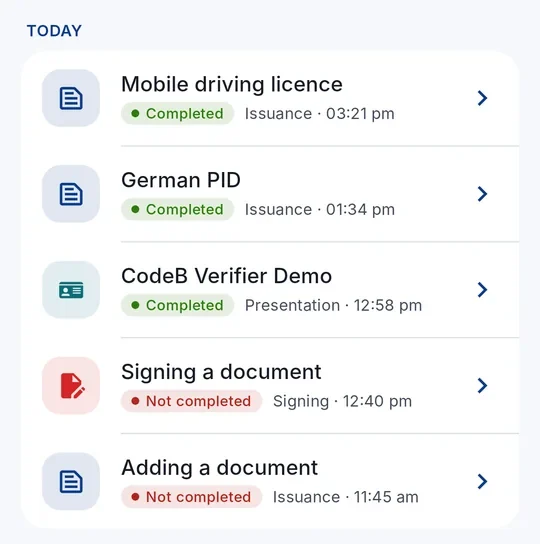The History list with documents you added, shared and signed