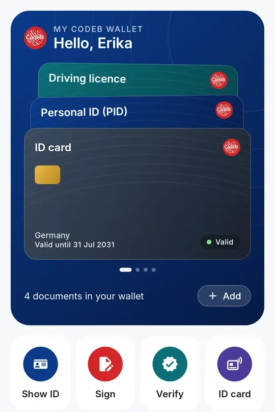 Home screen with a saved ID card in front of the wallet cards