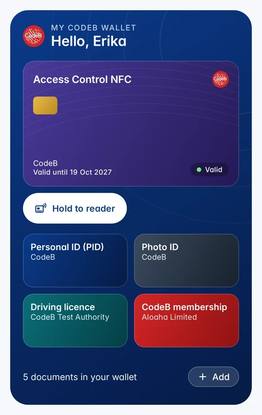 The home screen: an access card in front with “Hold to reader”, the other cards as tiles below