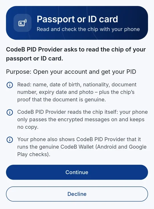 CodeB PID Provider asks to read the chip of your passport or ID card – Continue or Decline