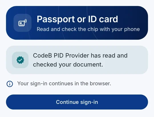 CodeB PID Provider has read and checked your document – Continue sign-in